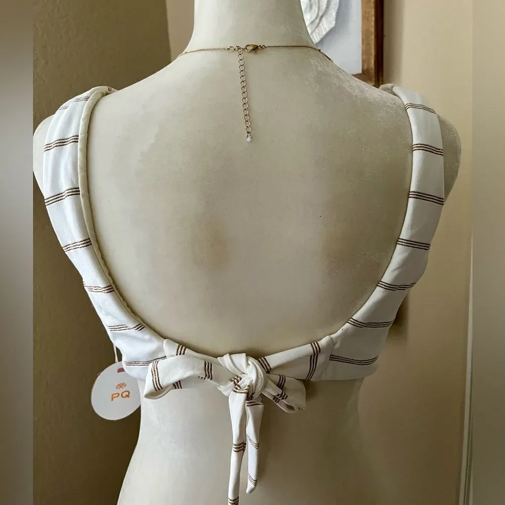 NWT PQ Swim Anthropologie Twist Ivory/Gold Adj Back Tie Padded/Lined Size D